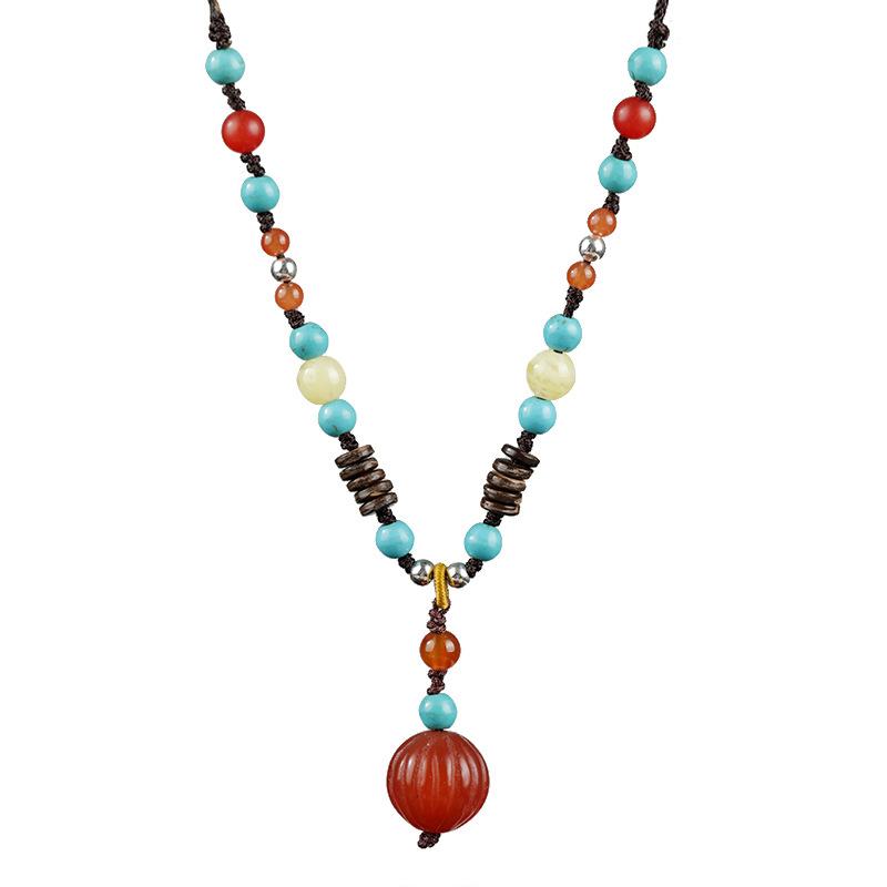 Vintage Nanhong agate necklace femininity long pendant Nepalese Tibetan adjustable collarbone chain summer