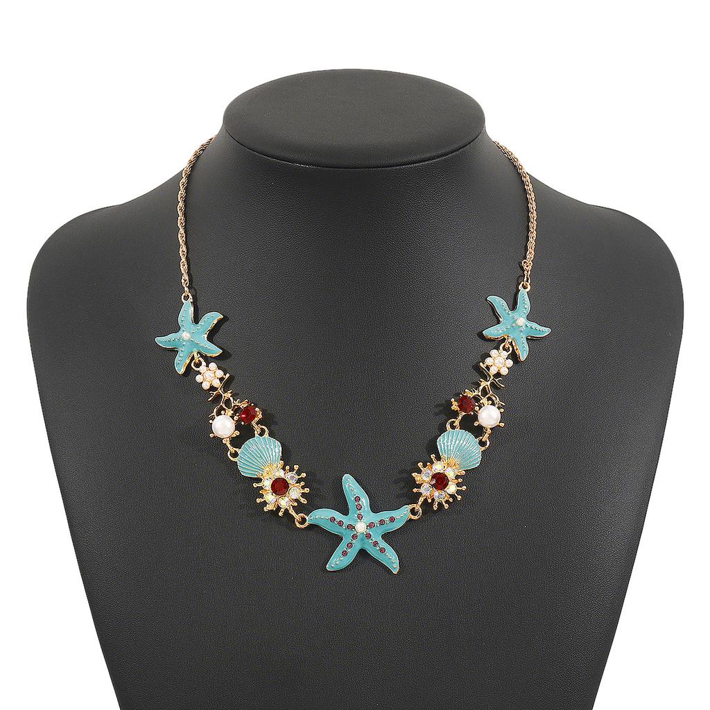 Summer Bohemian Wind Oil Drip Starfish Shell Necklace Beach Vacation Wind Diamond Pearl Collarbone Chain