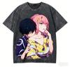 Stylowy Vintage Spłowiały Czarny DARLING in the FRANXX Zero Two & Hiro Koszulka Anime Casual Bawełniana z Krótkim Rękawem