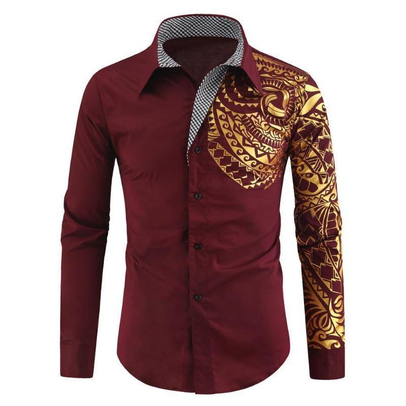 Men's Slim Fit Lapel Shirt with Hot Stamping Print, European Size, Long-Sleeve, 2026 Fashion Trend.