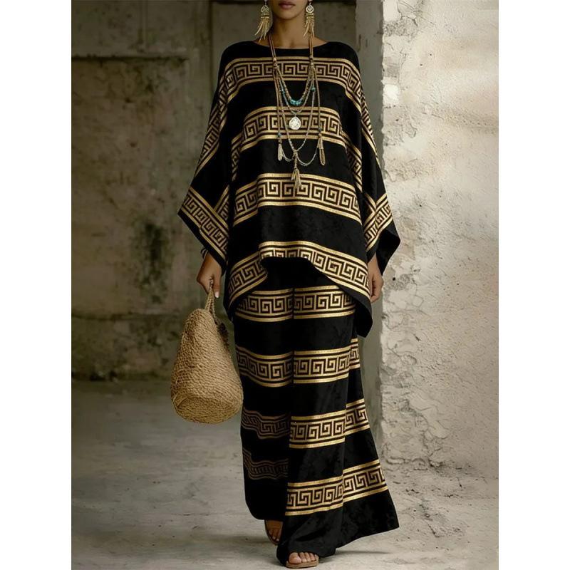 European and American retro bohemian suit exotic 1D printed loose top wide-leg pants temperament casual two-piece set