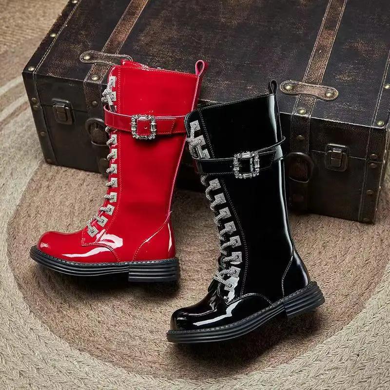 Autumn/Winter New Girls' High Barrel Boots Fashionable Diamond Shoe Buckles Trendy Leather Boots Children's Show Long Boots