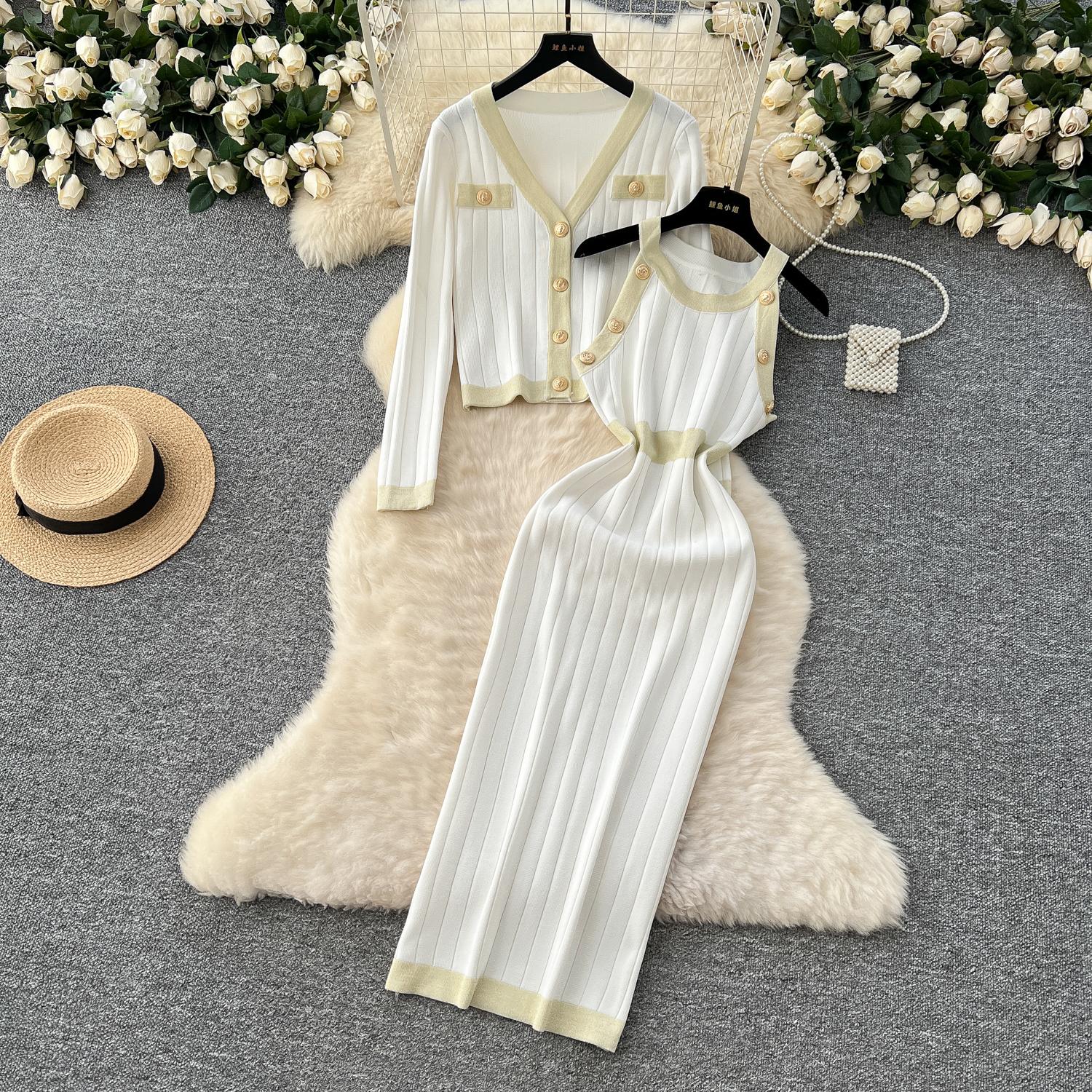 

Осенне-зимний женский вязаный свитер из двух частей, куртка с V-образным вырезом, пальто и длинное облегающее платье-футляр без рукавов One Size белый