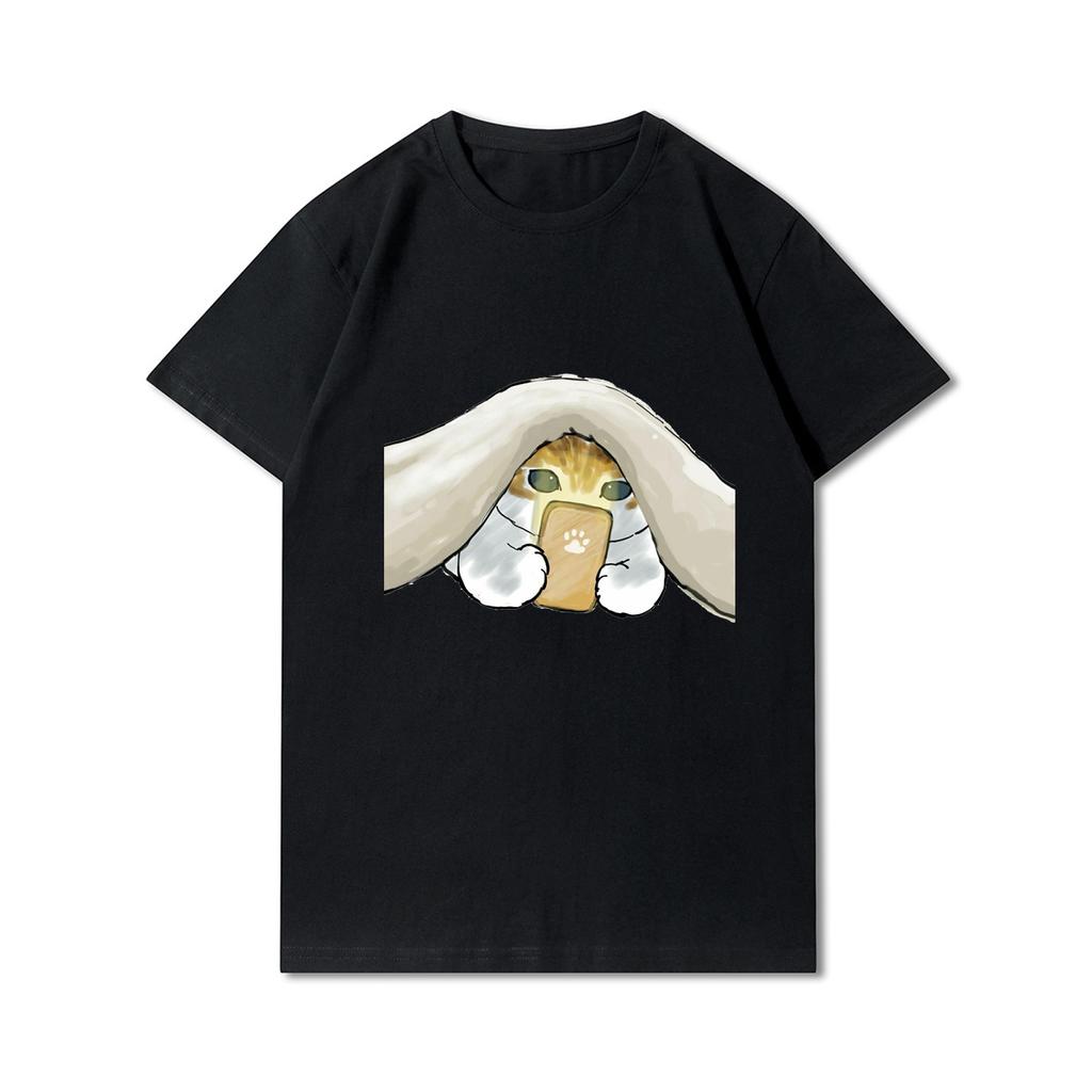 Plus Size Cats Shark Printed Women T Shirts Round Neck Cotton Tops Summer Animal Y2K Fashion 90S Casual Oversize Black Tees