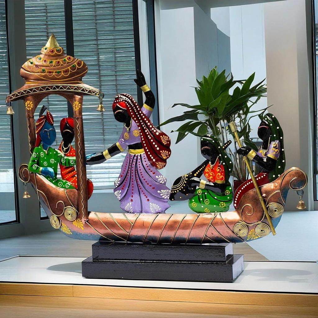 Ethnic Tribal Boat with Dancing Musicians Showpiece - 15x18 Inch Home Décor with Wooden Base - Gift for Housewarming, Festivals, Weddings