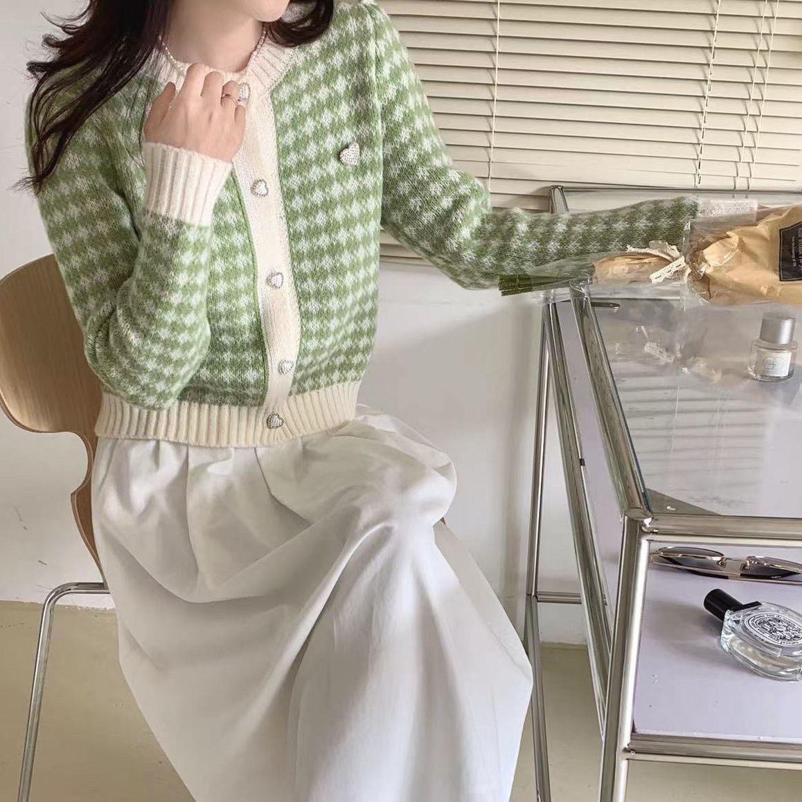 

Осень Зима Круглый Вырез Укороченный Верх Вязаный Кардиган Пальто One Size зелёный