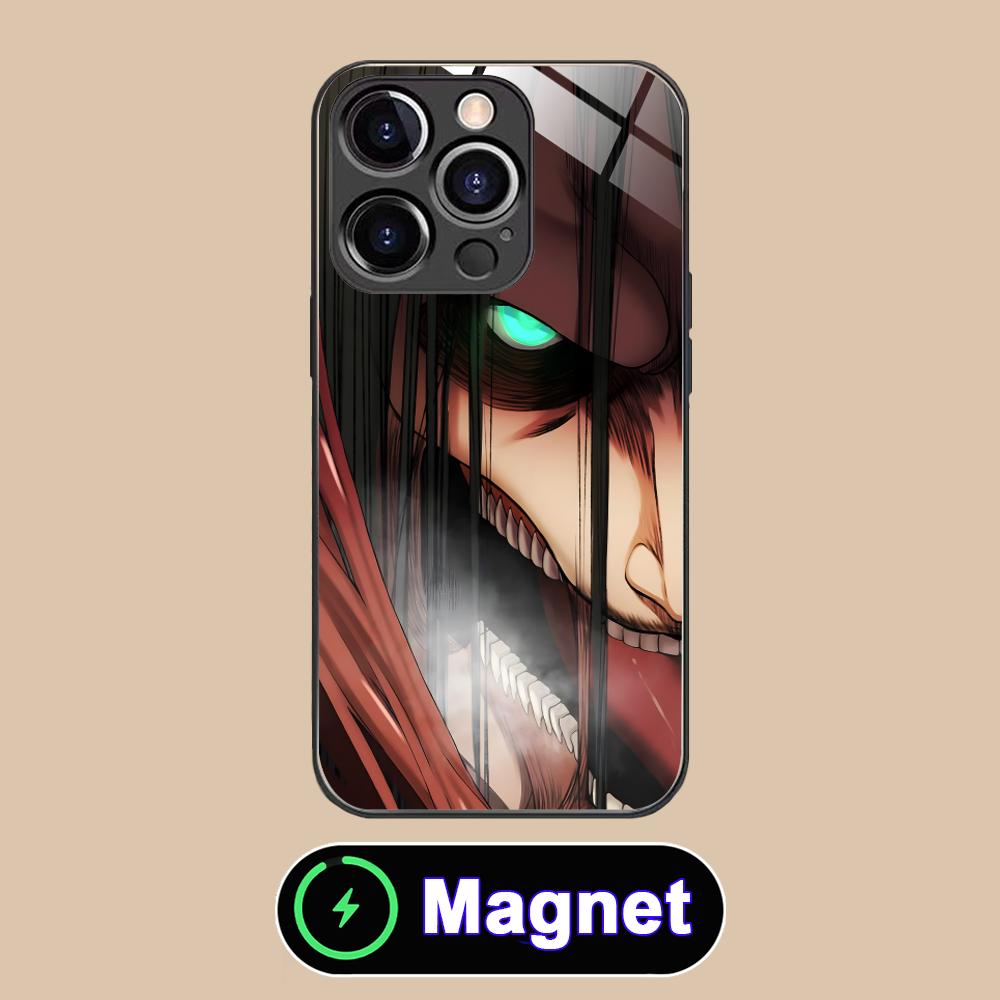 AOT Eren Yeager Glass MagSafe Mobile Phone Case for iPhone 17 16 15 14 13 12 11 Air Pro Max Plus Mini Colorful Cover
