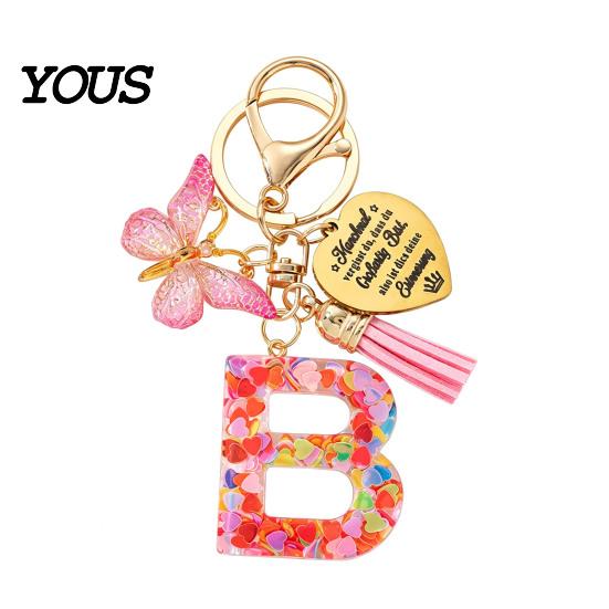 Keychain Pendant Pendant, Sequins Initial Letter Charm Key Chain with Butterfly Tassel Stainless Durable Steel Heart Design, A-Z Holder for Bag