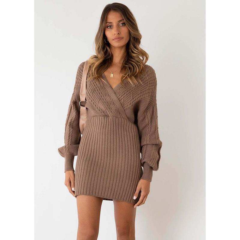 

New Women s Dresses Solid Knitted V-Neck Fried Dough Twists Long Sleeve Slim Fit Mid Length Dress for Women L дубильная кора