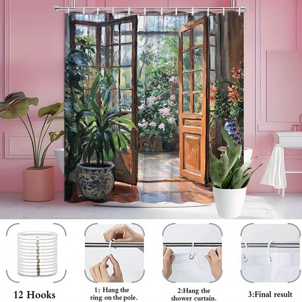Rustic Garden Door Waterproof Shower Curtain for Bathroom Decor, Bringing Nature's Charm with Blooming Flowers and Lush Greenery