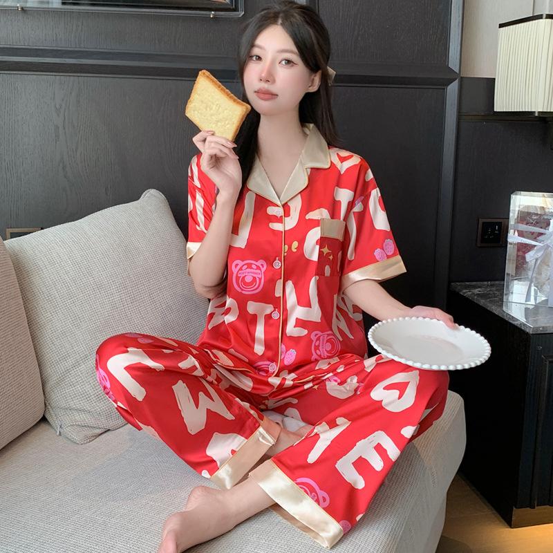 Contrasting Color Strawberry Bear Ice Silk Pajamas Women'S Summer Short-Sleeved Fashion Loungewear Suit Can Be Worn Outside