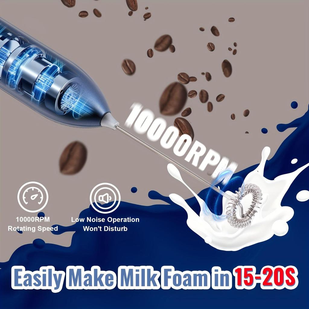 Electric Milk Frother Handheld Foam Maker for Coffee, Latte, Cappuccino – Portable Mini Whisk Drink Mixer with Stainless Steel Frothing Wand