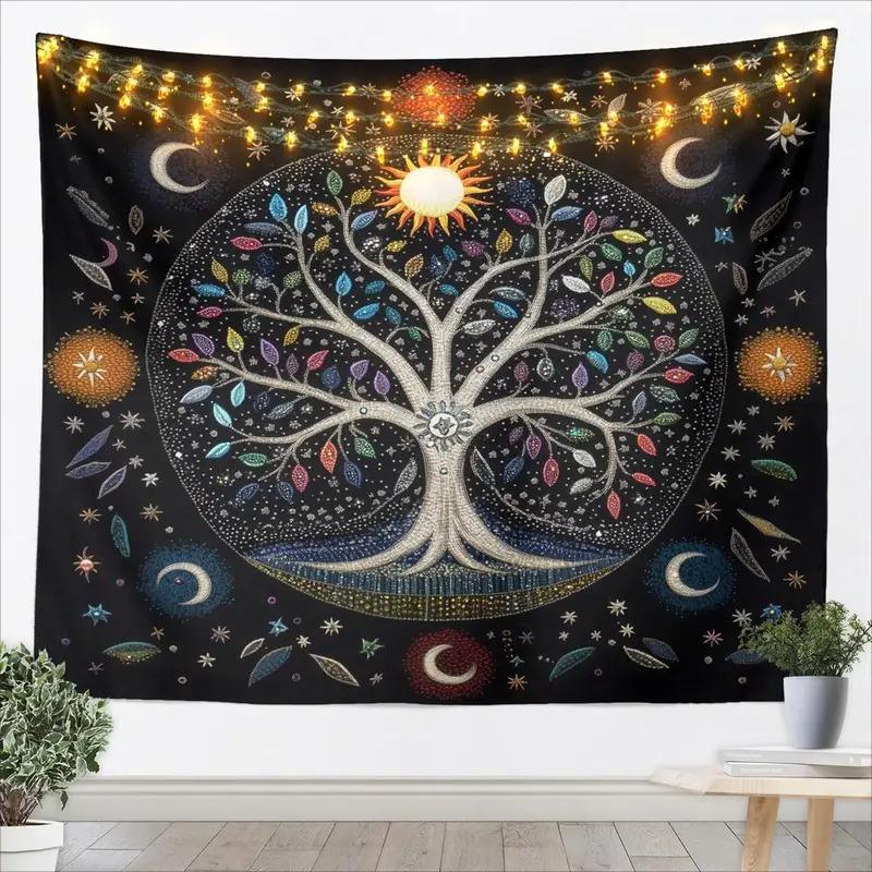 Colourful Fallen Leaves Print Tapestry Living Room Decorative Wall Hanging Sun, Stars, Moon And Galaxy Elements Tapestry 100X70CM