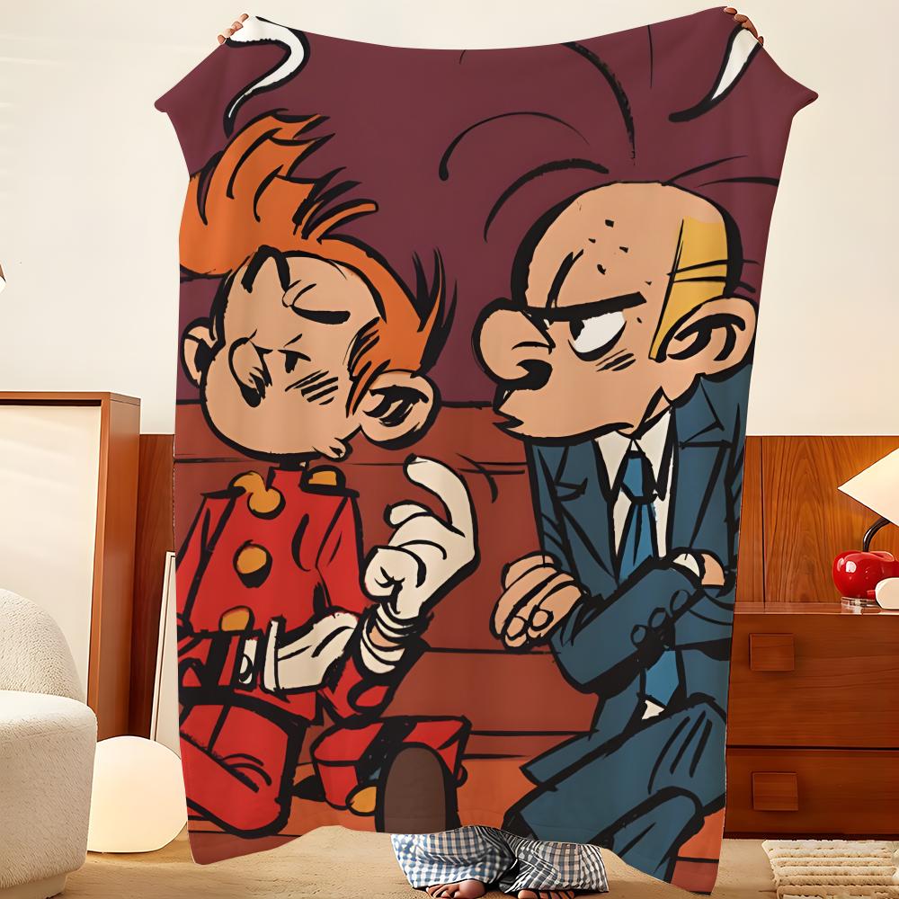 Cartoon S-Spirou en F-Fantasio Gooi Flanellen Plaid, Lichtgewicht Gezellig, Duurzaam Wasbaar schattig Cool