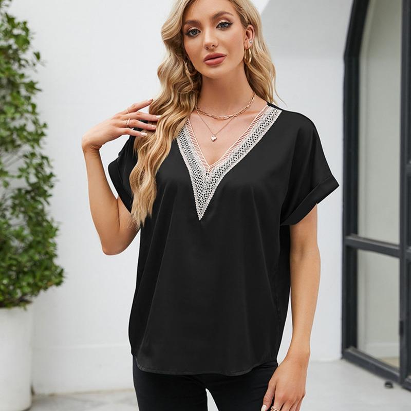 

SOWOOLIFE женские модные повседневные однотонные кружевные футболки и топы с v-образным вырезом и короткими рукавами XXL