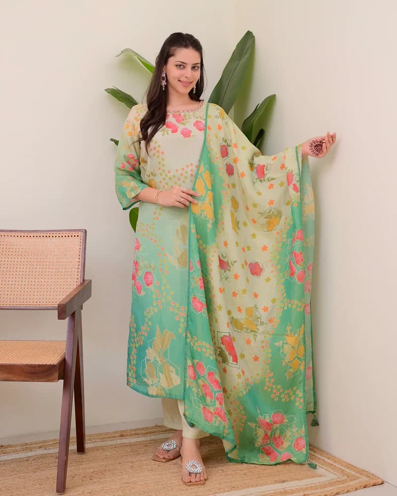 Women Designer Assam Silk Kurta Pant Dupatta Set Women Bollywood Top Tunic Kurti Salwar Suit