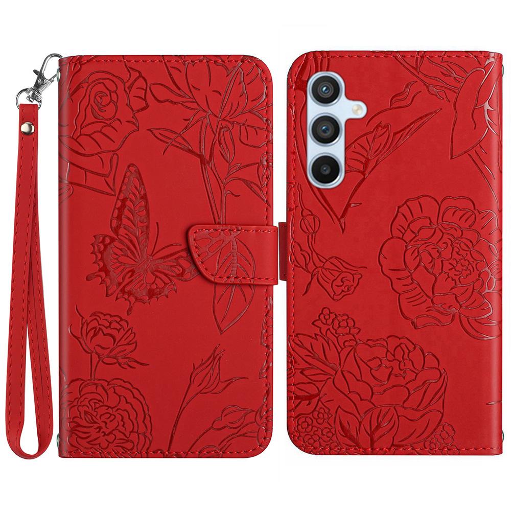 

HT03 For Samsung Galaxy S25 Case Butterfly Flower Imprint Leather Phone Cover with Strap B