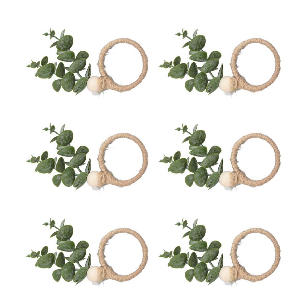 6pcs Hand Woven Faux Eucalyptus Leaf Napkin Rings Easter Spring Wooden Bead Farmhouse Napkin Rings for Weddings Christmas Party Table Decoration