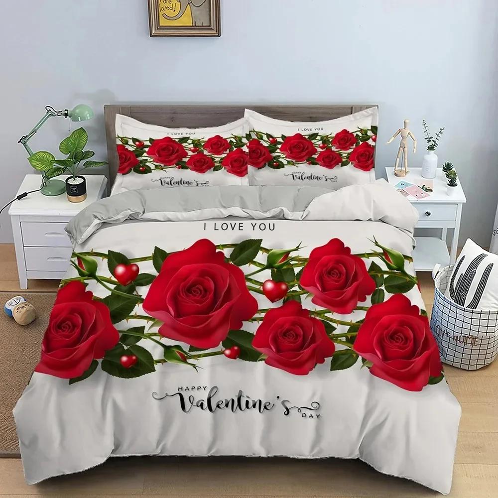 Valentine's Day Wedding Rose Flower Comfortable Duvet Cover Pillowcase Bedding Set Children Bedroom Decoration Home Textile