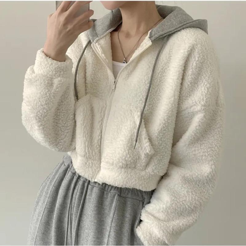Imitation Lamb Fur Short Jacket for Women In Autumn and Winter Korean Loose Plush Thickened Cardigan Zippered Hooded Top