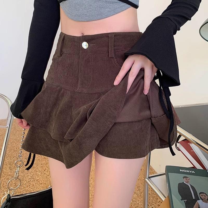 2024 New Autumn/Winter Women's Petite High Waist Double Layer Corduroy Fishtail A-Line Skirt