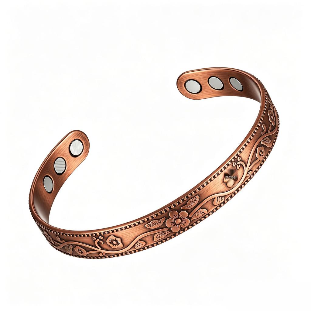 Magnetic Stone Bracelet Ring Set: Vintage Red Copper Floral Jewelry for Men & Women