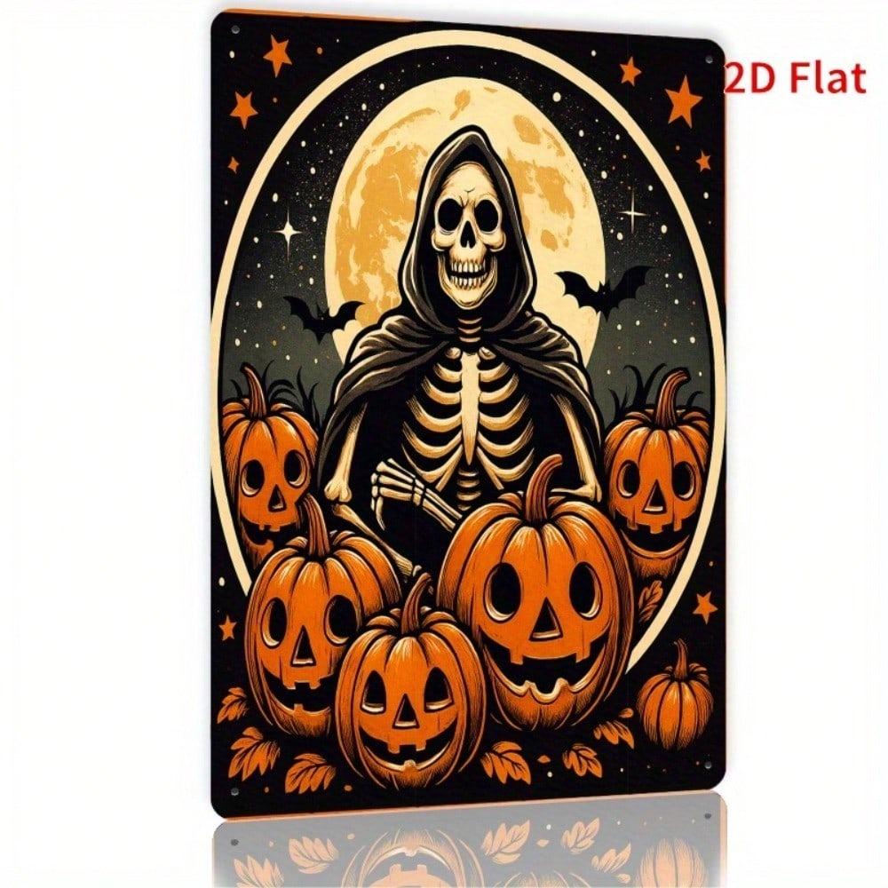 2D Flat Metal Pumpkin Skull Wall Art, Vintage Iron Skeleton In Hood Sign, Halloween Decor 12x8 Inch For Home Office