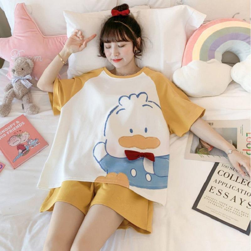 Summer Shorts Set Women's Pajamas Set Cute Cartoon Print Leisure Young Girls Sleepwear Short Sleeve Tops and Shorts Pijamas Women Homewear