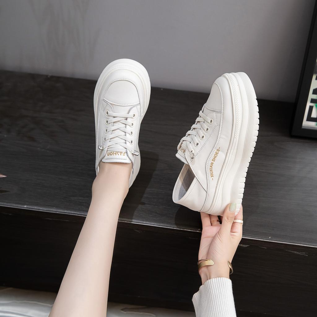 Leather Platform White Shoes Women's Summer 2025 Autumn New Soft-soled Heightening Board Shoes One Pedal Light Muffin Single Shoes