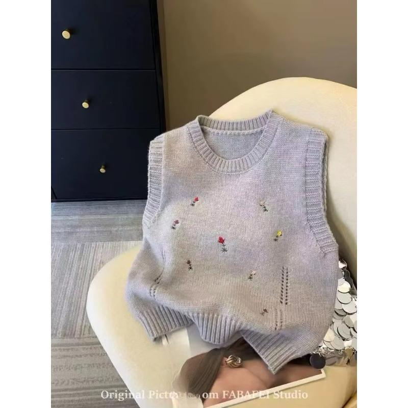 Flower Embroidered Autumn Knitted Vest Women College Korean Fashioest Fashion O Neck Sleeveless Coat Windproof Knit Tops