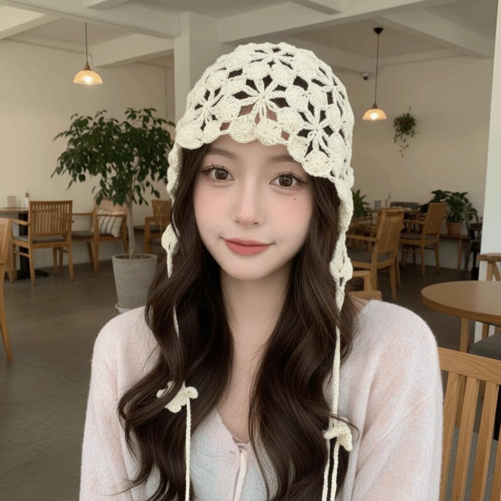 Tassel Hollowed Out Knitted Hat Floral Bohemian Style Beanies Cute Weave Cap Apparel Accessories