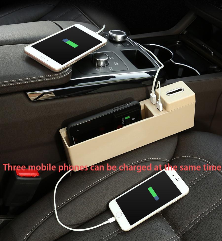 Black Plastic Car Seat Crevice Storage Box with USB Port Wireless Charging Board