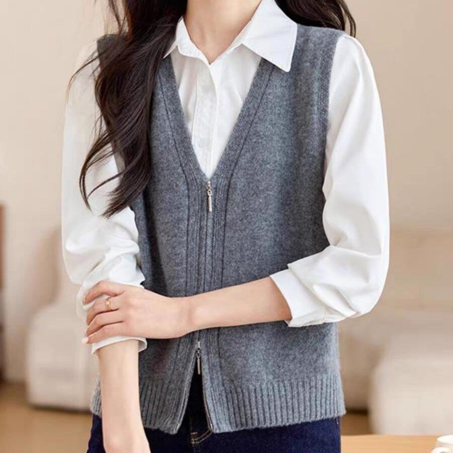 Damen Strickwaren Herbst Damen Doppelreißverschluss V-Ausschnitt Schick Einfach Ärmellose Strickweste Oberbekleidung Warm Grau Gestrickter Mantel Cardigan