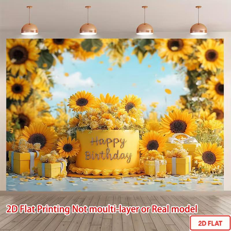 2D Cheerful Sunflower and Cake Backdrop Photo Booth Background for Kids' and Adult Shoots