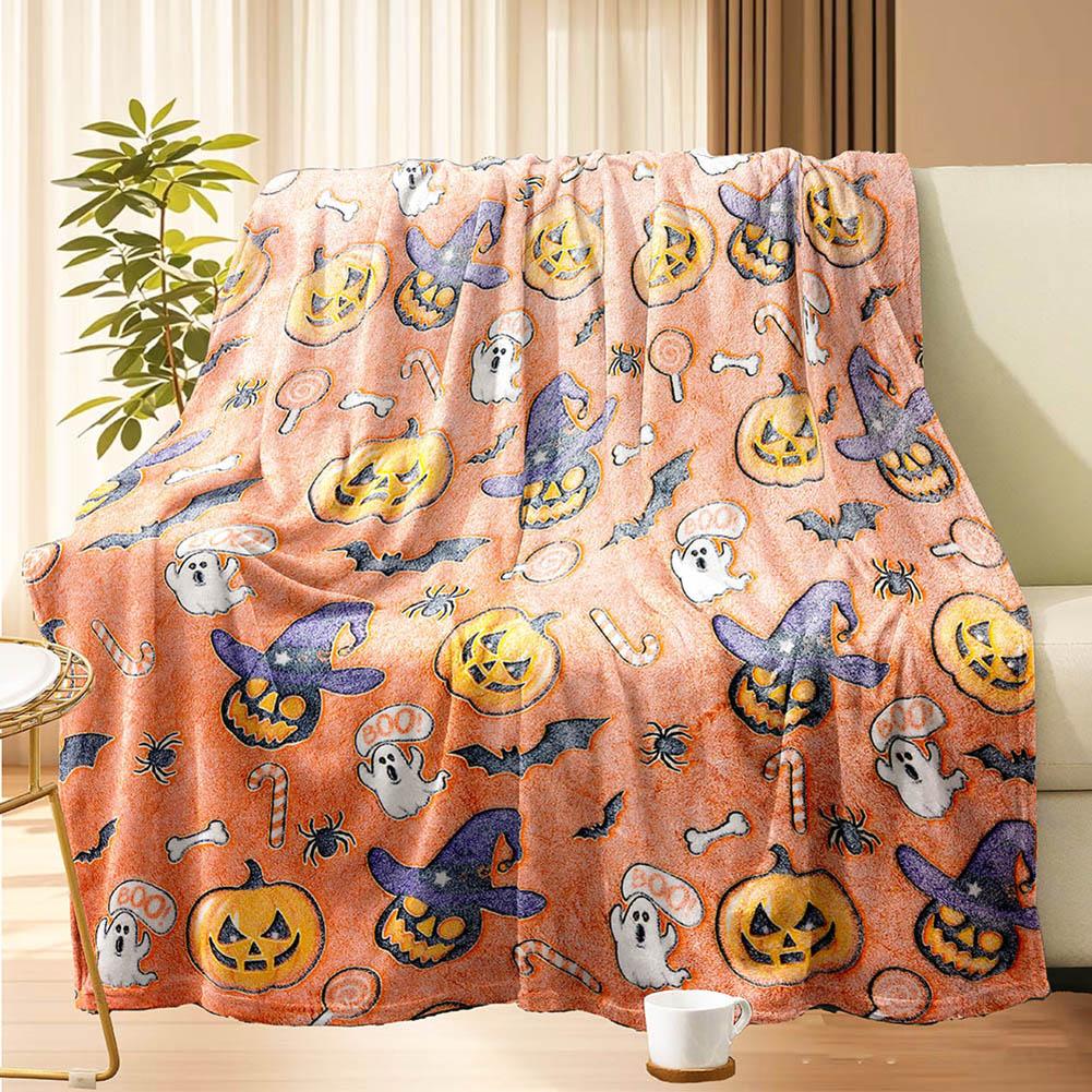 Halloween Fuzzy Plush Blankets Ghost Bat & Pumpkin Pattern 51 × 59 Inch Cartoon Blanket for Home Living Room Couch Bed Chair