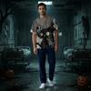 Men's Short Sleeve V-Neck Scrub Top with Chest Pocket Halloween Print for Work and Costume