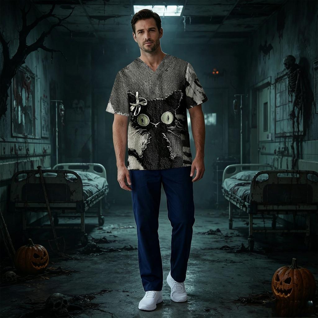 Men's Short Sleeve V-Neck Scrub Top with Chest Pocket Halloween Print for Work and Costume