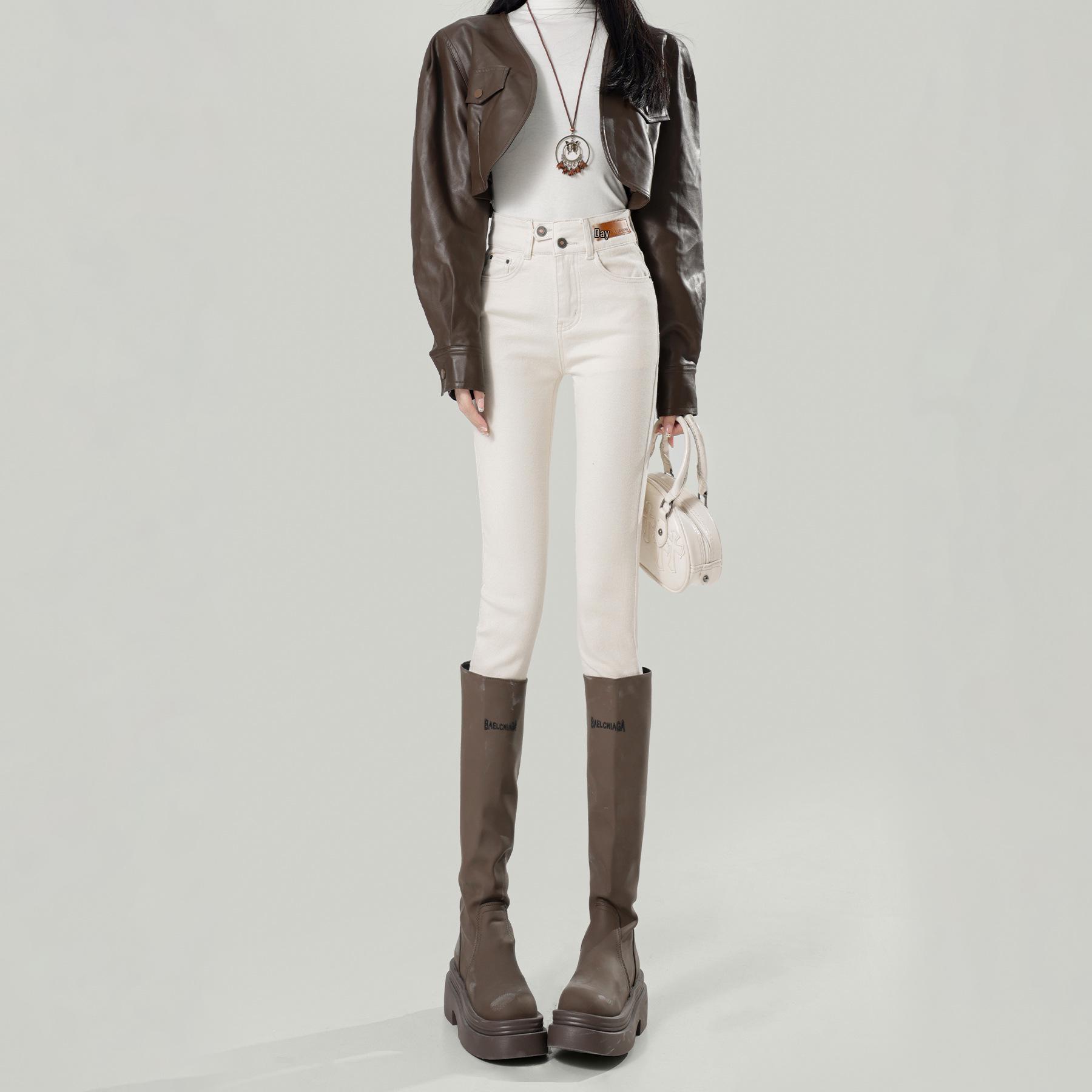 

White Fleece-Lined High-Waisted Skinny Jeans for Women - Autumn/Winter 2024 Slim Stretch Pencil Pants Size 27