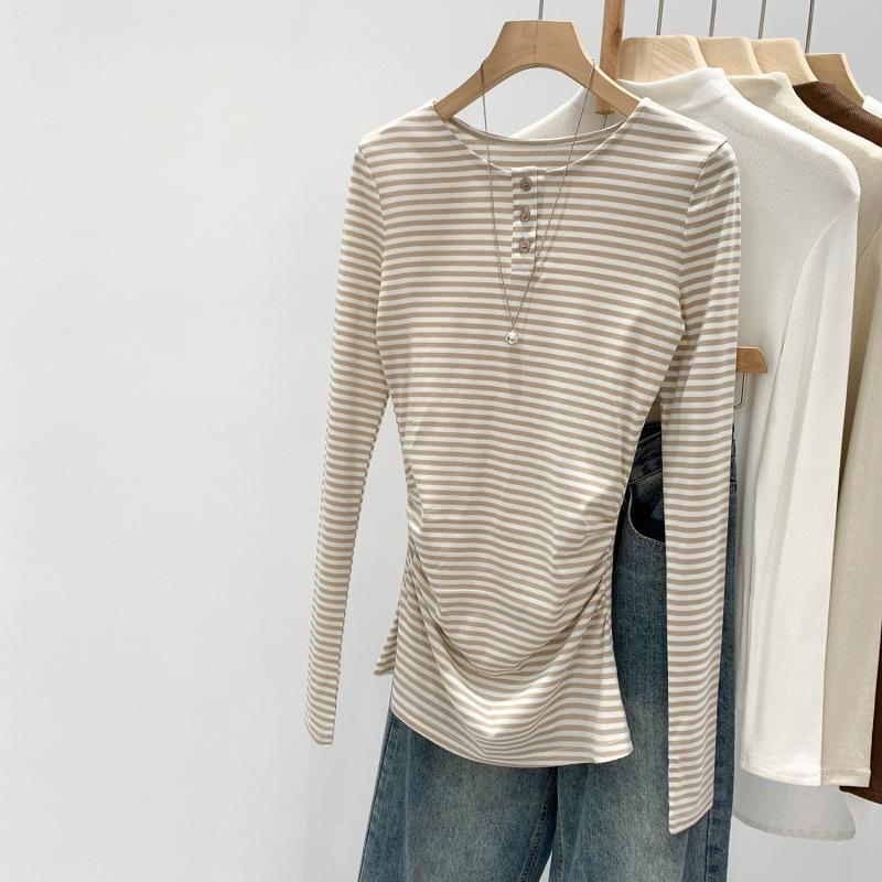 2025 Women s Lyocell Tencel Striped Waist-Cinching Base Layer Top - Autumn Winter Style Large хаки