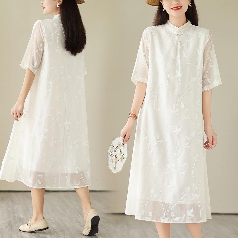 Heavy industry embroidered cotton and linen dress women's summer new improved cheongsam stand-up collar medium and long skirt