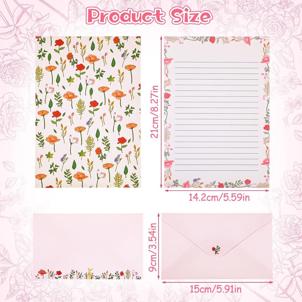 54Pcs Stationary Paper and Envelopes, Letter Writing Paper, Cute Writing Stationery Warm Floral Themed Stationary Kit, Lined Papers for Invitations