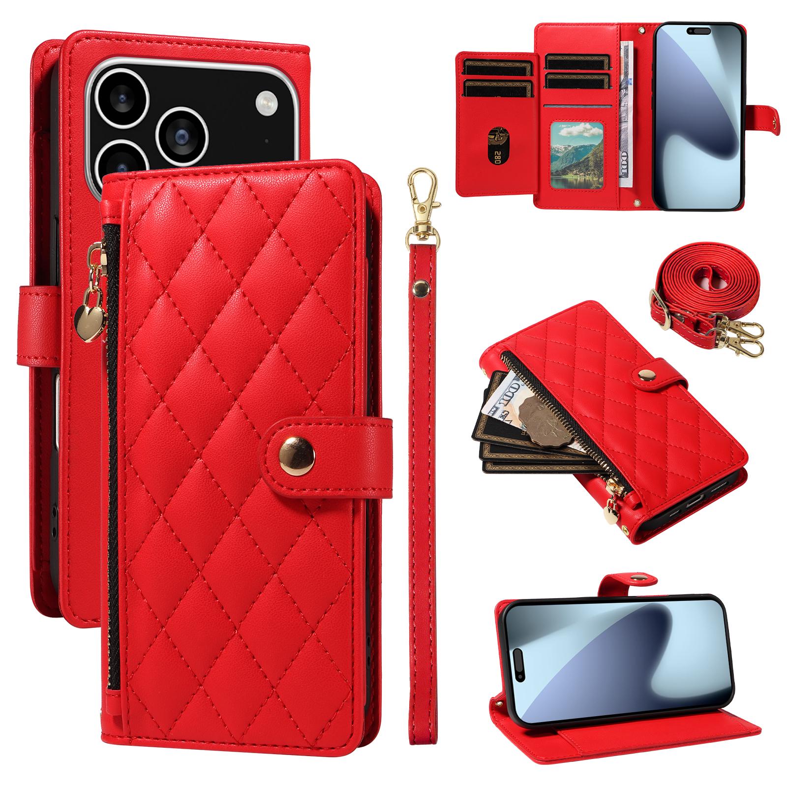 

For iPhone 17 Pro Wallet Case with Straps, Rhombus Leather Stand Phone Cover F