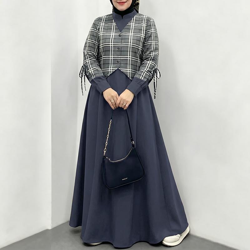 ZANZEA Women Muslim Casual Round Neck Long Sleeve Plaid Print Patchwork Loose Long Dress M