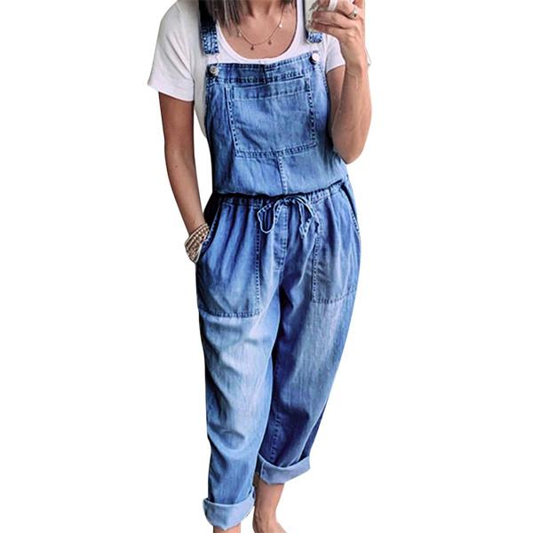 

Ladies Pure Colors Casual Denim Jumpsuit Loose Long Romper Bib Pants Overalls Jeans for Women String Waist Jumpsuit S синий