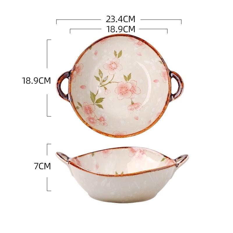 1PC Japanese Style Double-handle Soup Bowl Ceramic Noodle Bowl Kitchen Tableware Pasta Salad Bowl Home Microwave Oven Bakware
