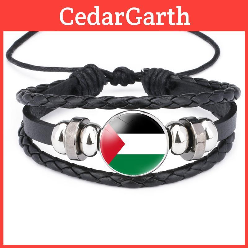 Bracelet en Cuir Multi-couches avec Pierre Précieuse Design Drapeau Palestinien Cordelette en Cuir Faite à la Main Bracelet de Poignet Vente en Gros