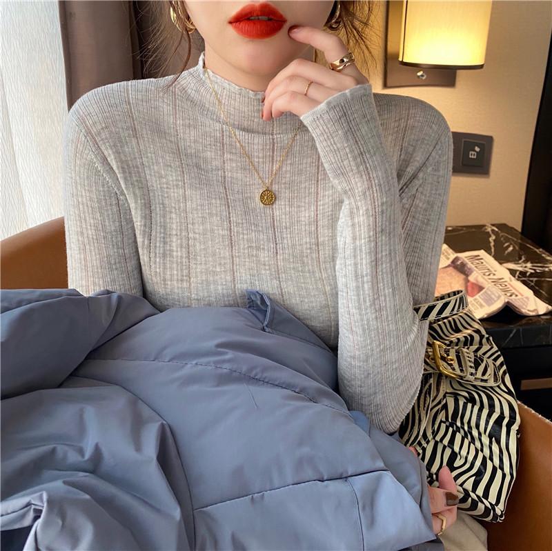 Early spring fungus edge bottoming shirt women's thin slightly transparent sexy long-sleeved sweater inside pure desire wind knitted top