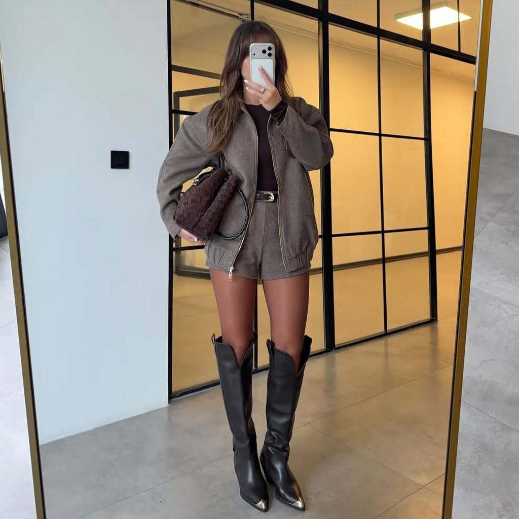 2025 cross-border European and American autumn new cardigan temperament commuter lapel jacket zipper jacket belt shorts XS