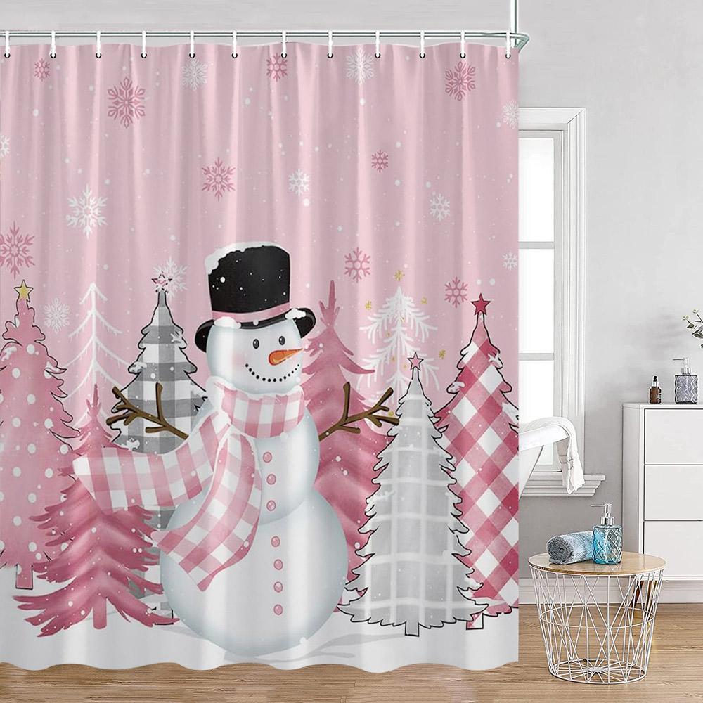 

Christmas Snowman Happy New Year Shower Curtain Merry Christmas Winter Snowy Snowflake Pine Bathtub Decor Polyester Bath Curtain 90x180cm-35x70in