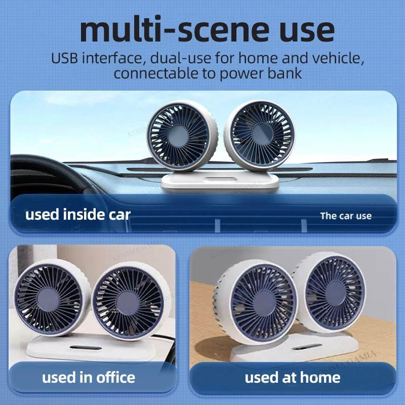 USB Car Fan 3-Speed Double Head 360° Adjustable Independent Switch Low Noise Electric Cooler for Home Desk Office Car